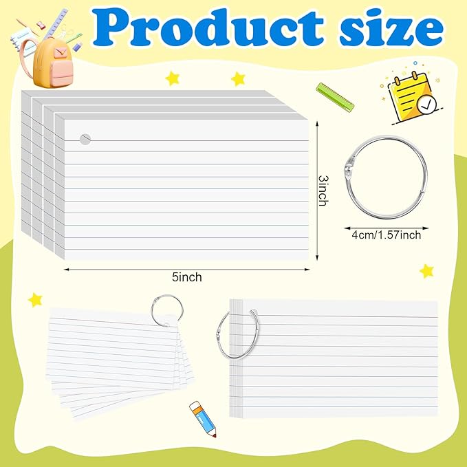 White Index Cards 3x5 Inch Flash Cards with Ring Lined Flashcards Heavyweight Note Cards for Studying School Supplies College, 200 Count