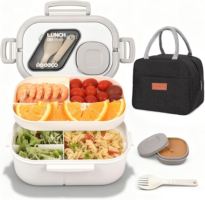 PEDECO White Bento Box with Bag for Adult Kid, Leakproof 2-Layers Stackable | Insulated bag and sauce pod,2-tier stackable 1100ml ,Microwave & dishwasher safe, BPA-free,For school, work, travel, picnic