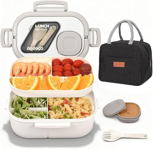 PEDECO White Bento Box with Bag for Adult Kid, Leakproof 2-Layers Stackable | Insulated bag and sauce pod,2-tier stackable 1100ml ,Microwave & dishwasher safe, BPA-free,For school, work, travel, picnic