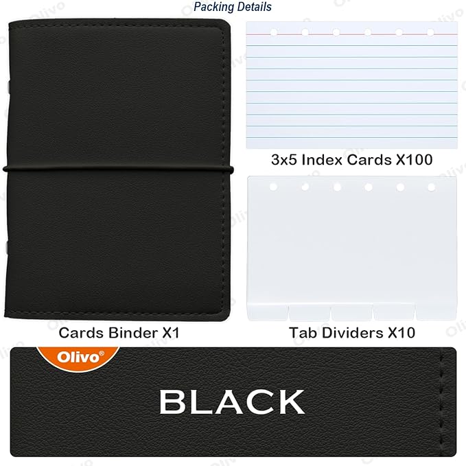 3x5 Lined Index Cards with Ring Binder Holder and Dividers, 100 Note Cards, Black