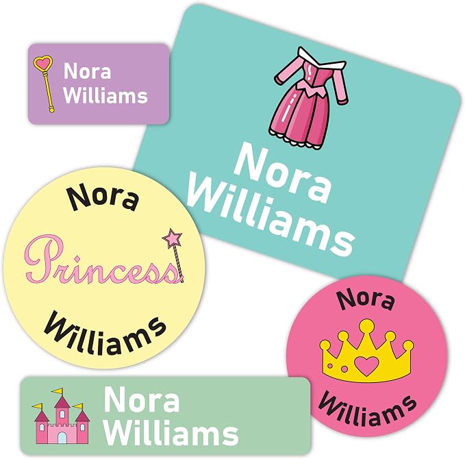 Personalized Daycare Stickers Name Labels for Kids - Custom Waterproof Name Stickers for Water Bottles, Lunch Boxes School Supplies, Clothing Tags, 30+ Designs, Princess