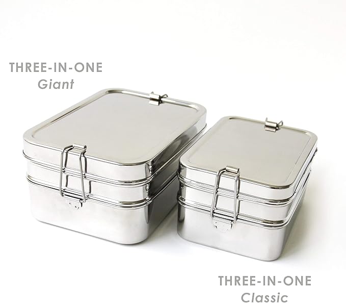 ECOlunchbox Three-in-One GIGANTIC Bento Box (49oz) – 3 Piece Jumbo Stainless Steel Lunch Container – Plastic Free, Non Toxic, Nestable, Dishwasher-Safe for Big Appetites, Not Leak-Proof