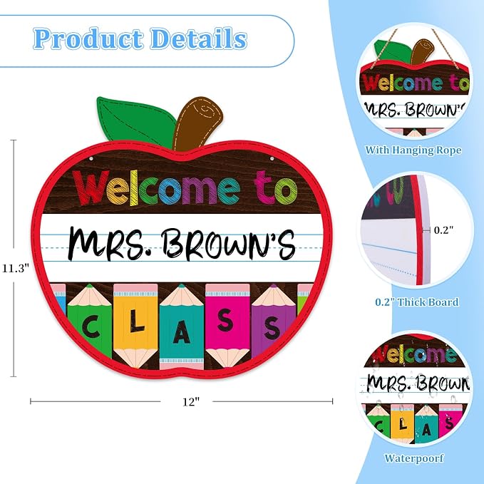 WaaHome Welcome Sign for Classroom Door Decorations 11.3"x12" Personalized Apple-shape Teacher Door Sign Back to School Welcome to Our Classroom Sign Teacher Name Sign for Classroom Door Teacher Supplies