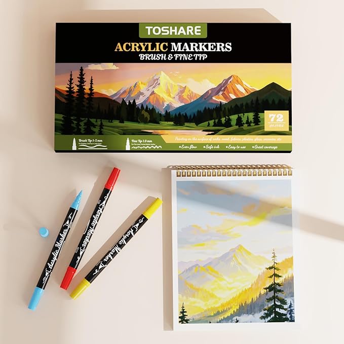 TOSHARE 72 Colors Acrylic Paint Markers, Brush & Fine Dual Tip Acrylic Paint Pens for Rock, Wood, Paper, Fabric, Canvas, Glass, Ceramic, Egg, Scrapbook and DIY Crafts Supplies Art Gifts