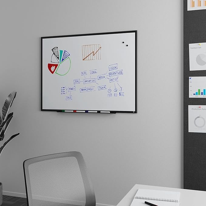 TRU RED Magnetic Porcelain Whiteboard | Dry Erase Board for Wall, White Board with Black Frame, 3 ft x 4 ft, 4 Multicolor Markers Included