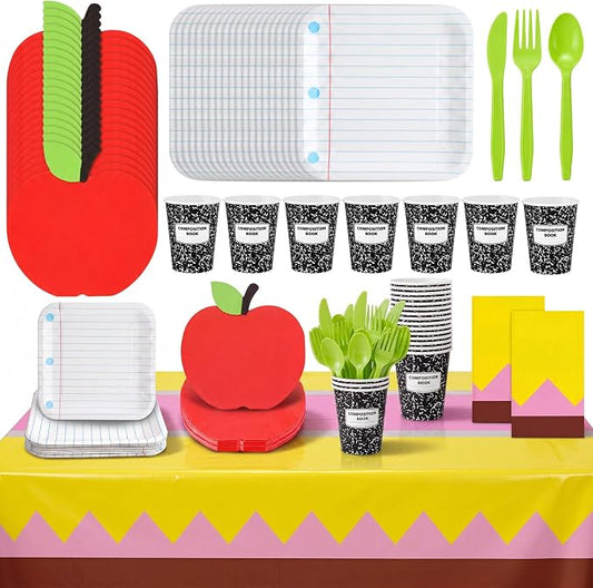 Reallnaive 146 Pc Preschool Kindergarten Graduation Party Decoration Notebook Paper Plate Teacher First Day Back to School Party 24 Set Disposable Tableware Pencil Tablecloth for Classroom Pre K Grad
