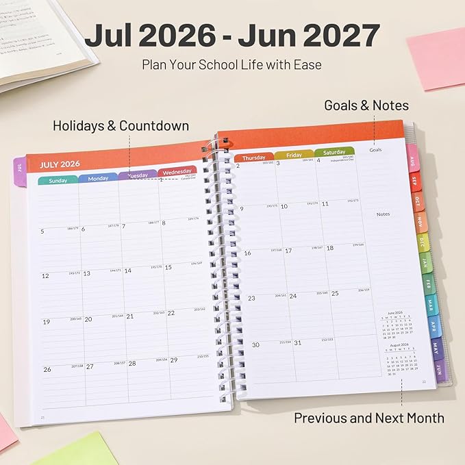 SUNEE Student Planner 2026-2027, Academic Weekly & Monthly School Planner, Jul. 2026 - Jun. 2027, 6.5" x 8.3" Middle & High Lesson Plan Book with Weekly Goals, Monthly Tabs, Bookmark, Sage Green