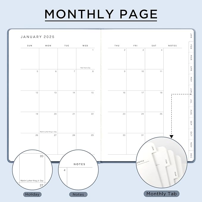 And Per Se 2025 Planner-Daily, Weekly & Monthly Hardcover Planner, 5.7" x 8", Daily Schedule, Monthly Tabs, 100 GSM Thick Paper, Leather Cover, Back Pocket，A5 Size(Blue)