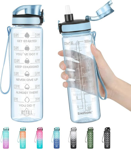 Enerbone Water Bottle, Leakproof BPA & Toxic Free, Motivational Water Bottle with Times to Drink and Straw, Fitness Sports Water Bottle with Strap for Office, Gym, Outdoor Sports