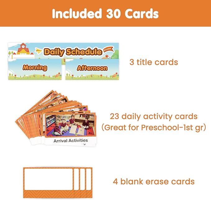 Auchq Daily Schedule Pocket Chart, Visual Schedule for Kids with 23 Activity Cards, 8+1 Pockets, 4 Blank Dry-Erase Cards Included, Great for Classroom Preschool-1 st Gr.(17’’ x 38.5’’ in)