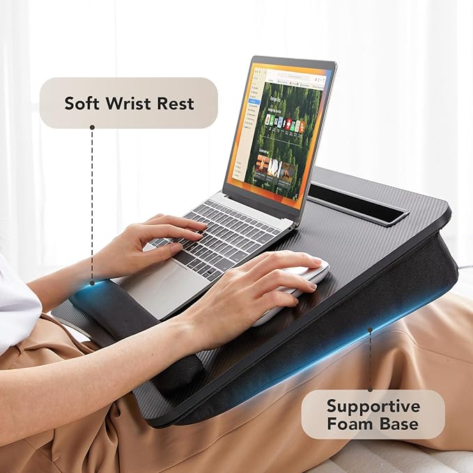 HUANUO Laptop Lap Desk - Portable Lap Desk with Pillow Cushion, Fits up to 17 inch Laptop, with Anti-Slip Strip & Storage Function for Home Office Students Use as Computer Laptop Stand- Black