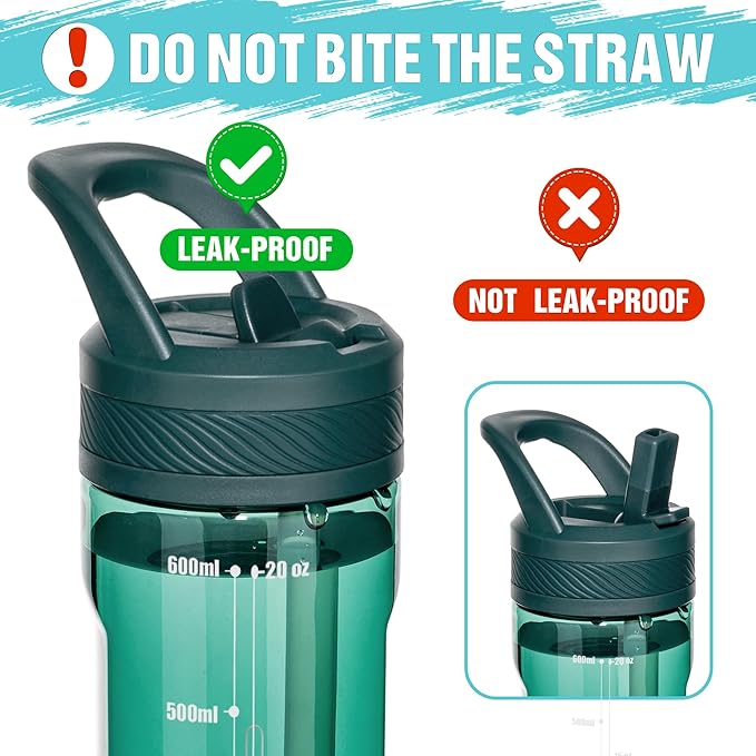 OLDLEY 20oz Kids Water Bottle with Straw, BPA-Free Tritan Water Bottle for School, Leakproof Clear Water Bottle with One Click Open, Measurement Scale, Cup Holder Friendly for Boys Girls,Lagoon