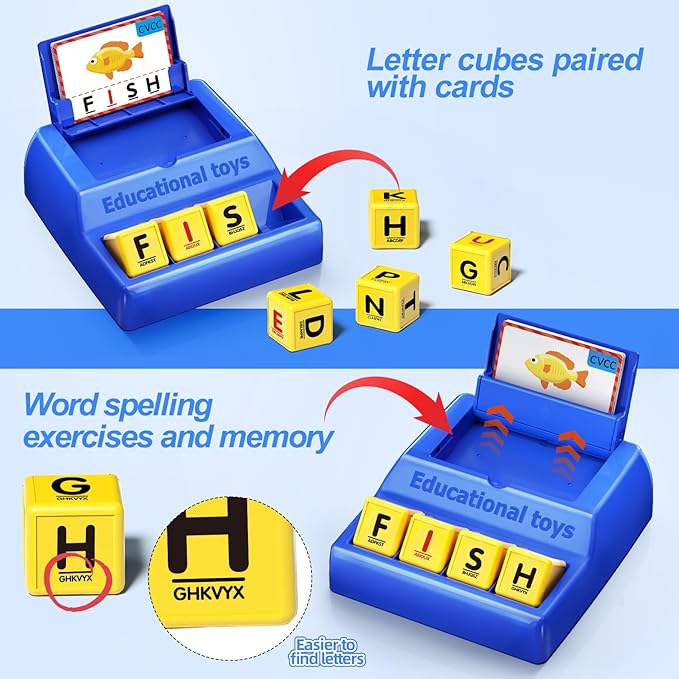 Montessori Matching Letter Game for Kids Ages 3-8 | Educational Learning Spelling Toys with Storage Function | Christmas Birthday Gifts for 3 4 5 6 Year Old Boys & Girls | Larger Blue (50% Bigger)
