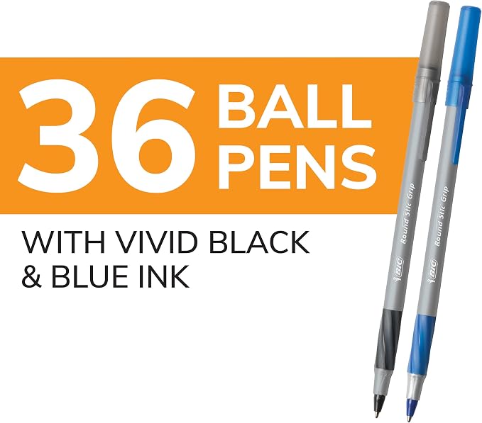 BIC Round Stic Grip Xtra Comfort Assorted Colors Ballpoint Pens, Medium Point (1.2mm), 36-Count Pack, Perfect Writing Pens With Soft Grip for Superb Comfort and Control, Pack of 18