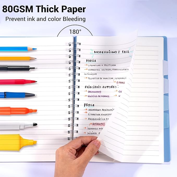 FLYING EAGLE Small Spiral Notebook 5 Subject Notebook Wide Ruled with Dividers Tabs Waterproof Plastic Cover Thick Paper Notebooks for Work School, 7x10 Blue