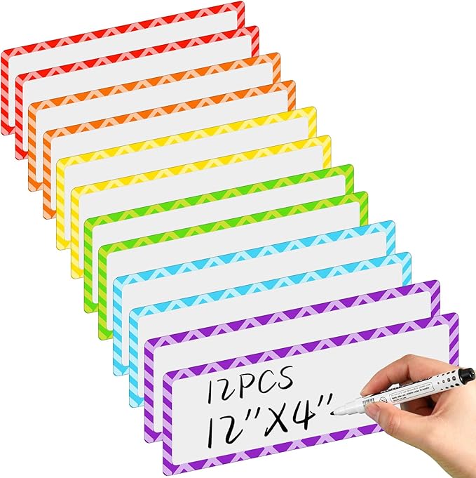 12 Pcs Large Magnetic Dry Erase Labels for Classroom, 12 x 4 Inch Rectangle Magnetic Name Plates Label Flexible Magnet Stickers for Whiteboards Refrigerator (Light Color,Style 7)