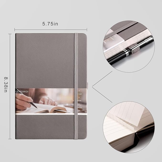EMSHOI A5 College Ruled Notebook, 256 Numbered Pages 120GSM Ink-Proof Faux Leather Hardcover Lay-Flat Lined Journal for Work Office School Travel Writing, Small 5.75" x 8.38", Dark Grey