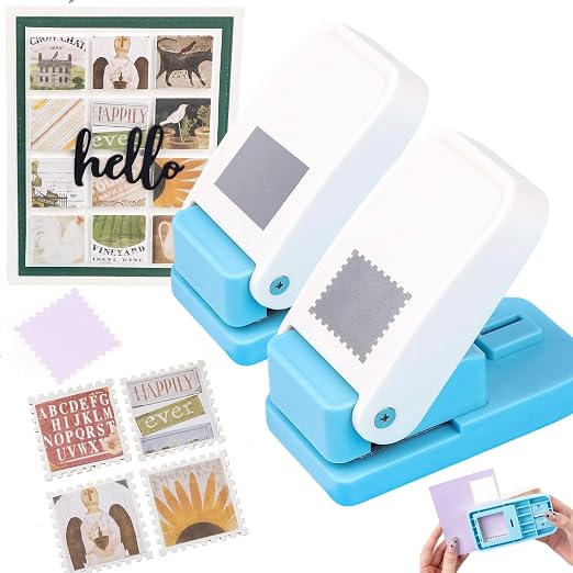 2 Pcs Stamp Punch, 1 Inch Square Hole Punch & 1 Inch Square Postage Stamps Punches, Stamps Shaped Paper Puncher, Stamp Cutter, Portable Lever Craft Punches for Paper Crafting DIY Scrapbooking