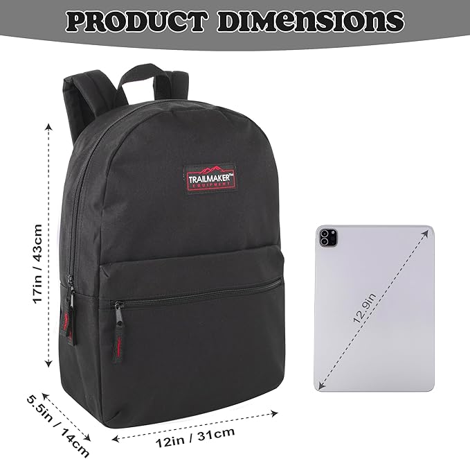 Trail maker Classic 17 inch Backpacks with Adjustable Padded Straps | School Backpacks for Girls, Boys (Black)