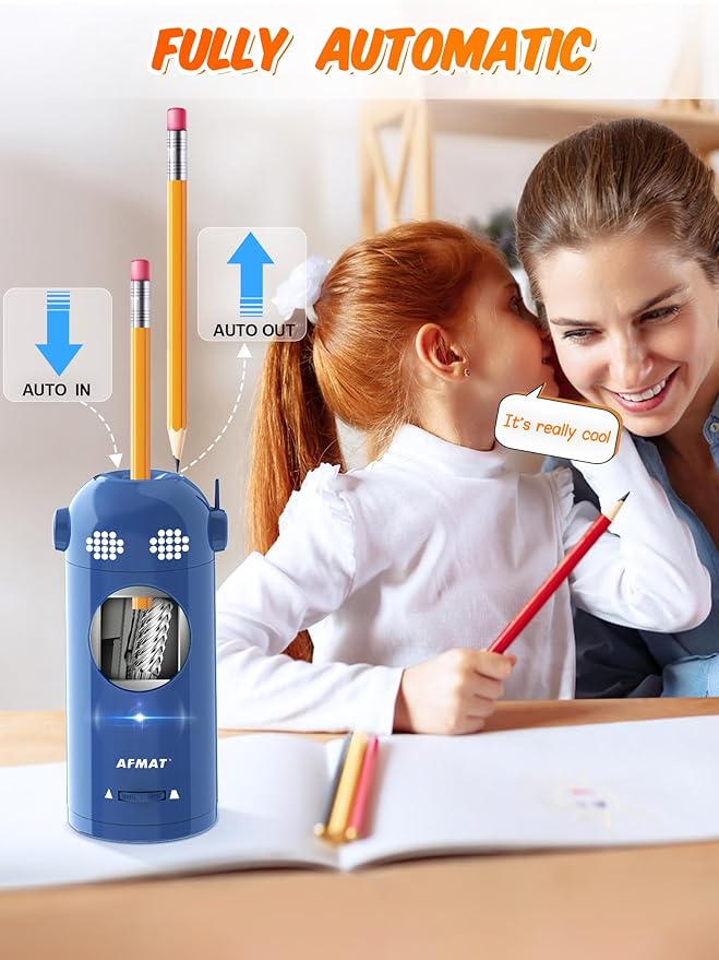 AFMAT Electric Pencil Sharpener Fully Automatic, Colored Pencil Sharpeners for 7-11.5mm Pencils, Rechargeable Hands-Free Robot Sharpener for Classroom, Home, Office, Battery Operated, PSX5EW, Blue