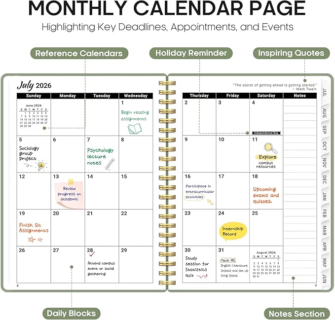 Planner 2026-2027, 8.5" x 11" Weekly and Monthly Academic Year Planner Calendar, July 2026 - June 2027, Hardcover Large School Planning Agenda With Tabs, Perfect for School & Office Supplies, A4, Green