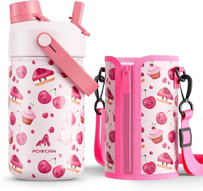 12 oz Insulated Water Bottle for Kids: 2-in-1 Straw Spout Lid, Spill-proof, BPA-Free, Easy Clean, Keep Cold 24H, Cute Patterns, Stainless Steel Cup for School, Travel, Holiday Gift (Cherry Yum Yum)