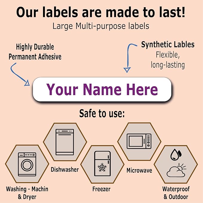 30 Long Personalized Waterproof Name Labels. Press and Stick Multi use Custom Name Labels. Customized Your Text and Color. ID Identification Name Stickers with Permanent Self Adhesive.