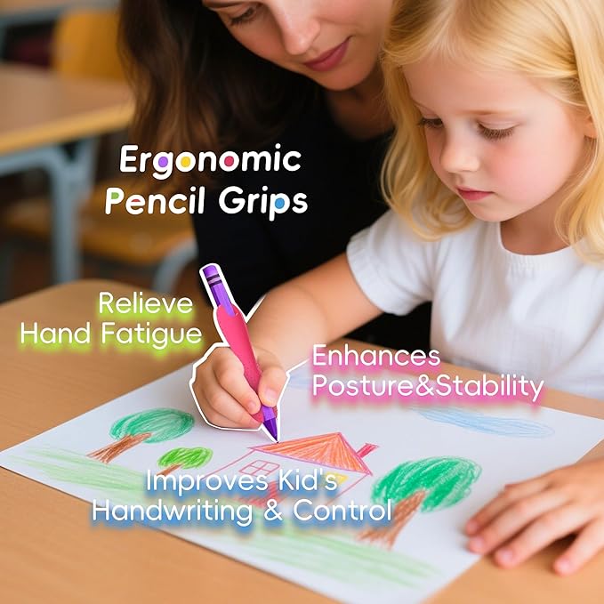 6-Pack Medium Pencil Grips for Kids,Teens,Adults,Comfortable Silicone Holders for Writing &Drawing,Anti-Slip Texture,Dual-Head Design for Left/Right-Handed Use,Improves Grip Control (Assorted Colors)