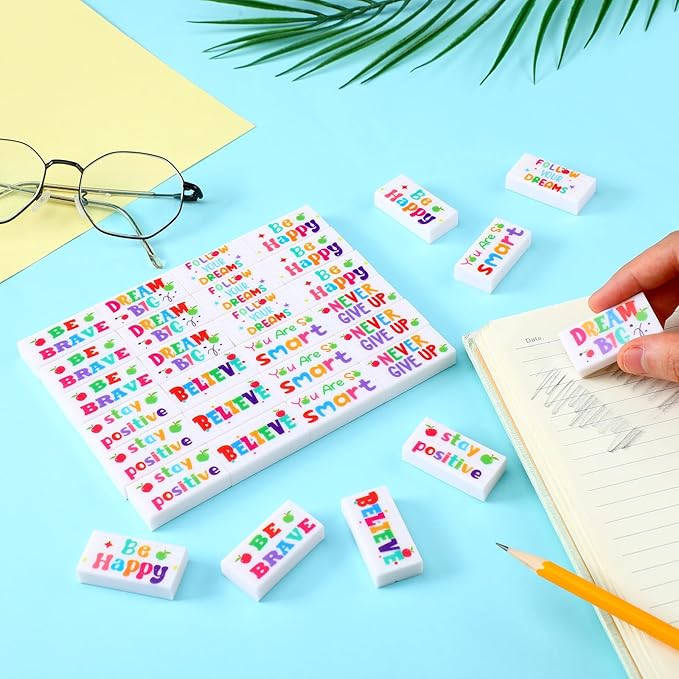 Dunzoom 100 Pcs End of Year Inspirational Pencil Erasers Bulk for Kids Back to School Fun Motivational Eraser School Office Supplies for Students Classroom Office Teacher Artists(Lovely)