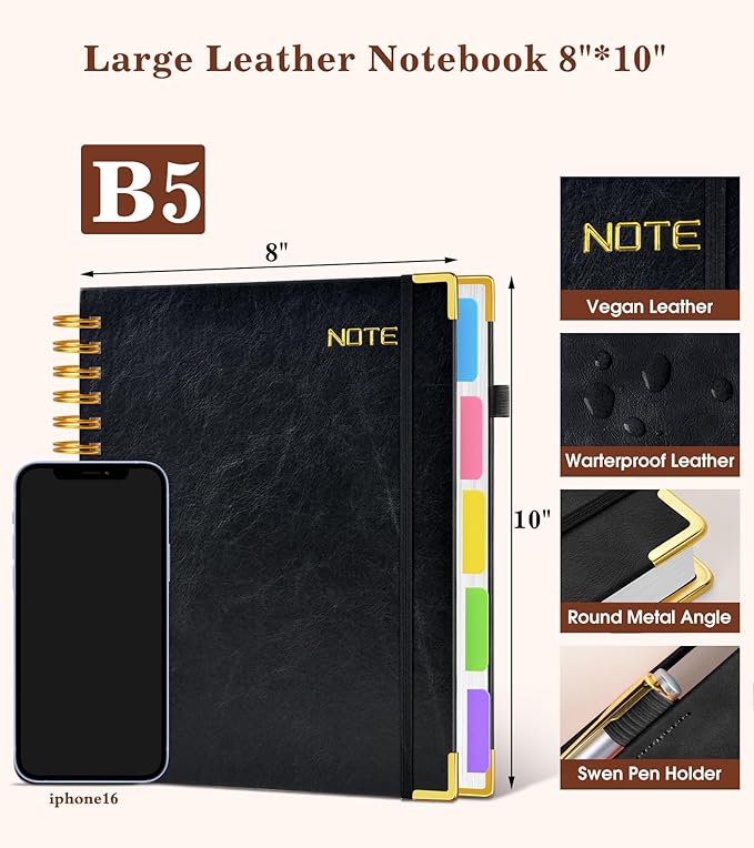 Hardcover Large Spiral Notebook journal with Removable Dividers Tabs, 300 pages Leather 5 Subject Notebook College Ruled, 8" x 10"Journal for Women Men, Notebooks for Work School Note taking,B5 Black