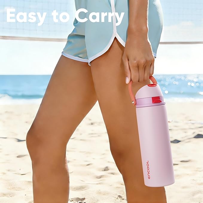 Insulated Water Bottle with Straw - Encool Stainless Steel Water Bottle with Push Button Lid, Leak-Proof & BPA-Free, Keeps Cold for 24 Hours for Sports, Travel, Gym (24 oz, Lily-Red)