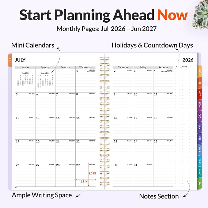 SUNEE Academic Planner 2026-2027 – Weekly & Monthly Planner, July 2026 to June 2027, 6.4"x8.3", Thick Paper, Tabs, Pockets, Bookmark, Spiral-Bound, Student Teacher Organizer, Purple