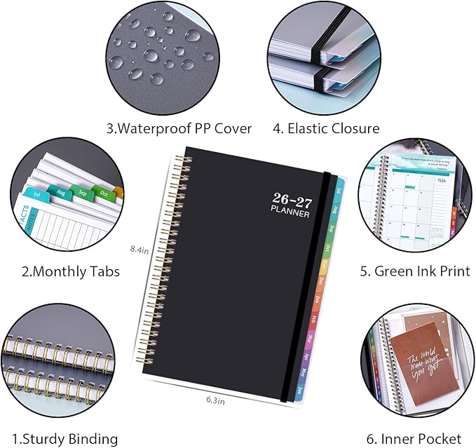 Planner 2026-2027 - Academic Planner 2026-2027, Jul. 2026 - Jun. 2027, 6.3'' x 8.4'', Weekly and Monthly Planner 26-27 with Back Pocket, Transparent PP Cover, Colorful Monthly Tabs