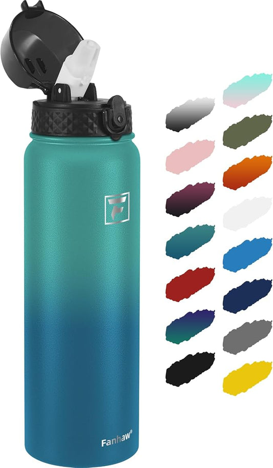 Fanhaw 40 Oz Insulated Stainless Steel Water Bottle with Straw Lid, Leakproof Extra-Large Sports Bottle for Men & Women (Green Blue)