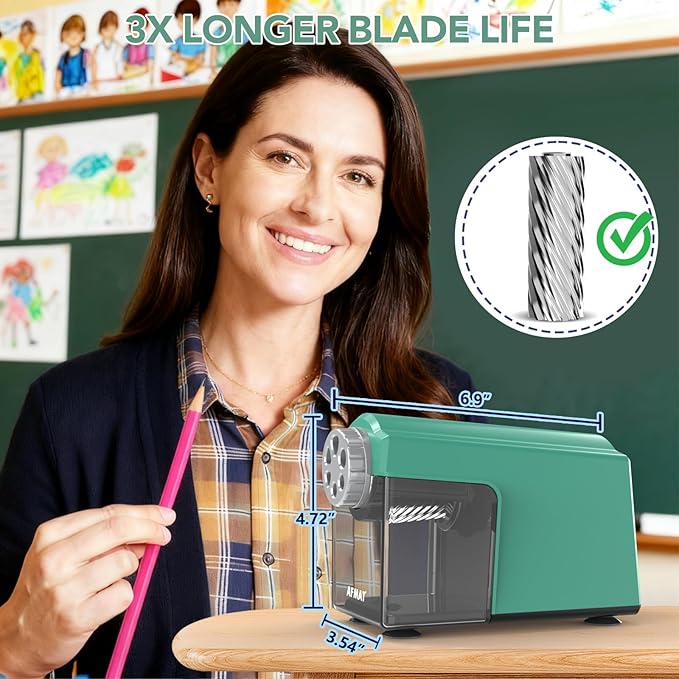 AFMAT Electric Pencil Sharpener for Classroom, 6 Holes, Cordless & Rechargeable, Super Fast, Auto Stop, 10K+ Uses, Heavy Duty Pencil Sharpener for 6-11mm No.2/Large/Colored Pencils PSD4(Green)