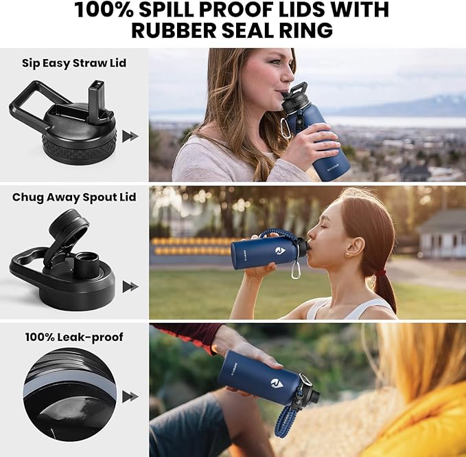 RAYMYLO Insulated Water Bottle 32 oz, Triple Wall Vacuum Stainless Steel (Cold for 24Hrs, Hot for 12Hrs), Leak Proof & Non-BPA, Modern Water Flask Jug with Paracord Handle & Straw Spout Lids