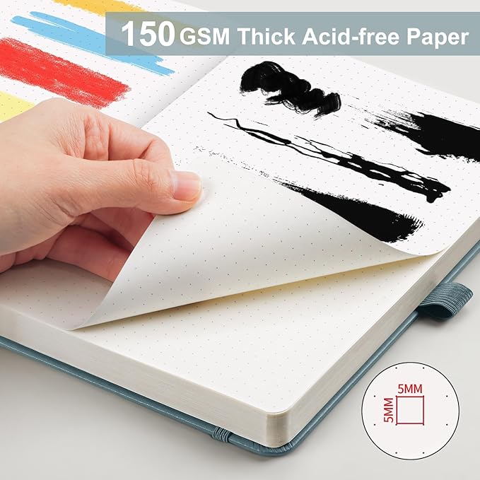 AHGXG Dotted Journal - 150 GSM Dot Grid Notebook Journal, Thick Acid-Free Paper, A5 Dotted Notebook 128 Pages, Leather Hardcover, Inner Pocket, Journal Stencil, 5.7'' × 8.3'', Gray Blue