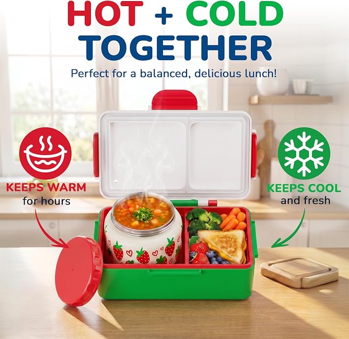 Bento Lunch Box for Kids–3 Compartment Leak Proof Insulated Lunch Container | Strawberry Design Lunch Box-With 12oz Stainless Steel Food Soup Jar & Built-in Ice Pack Bento Box for Boy Girls School Travel