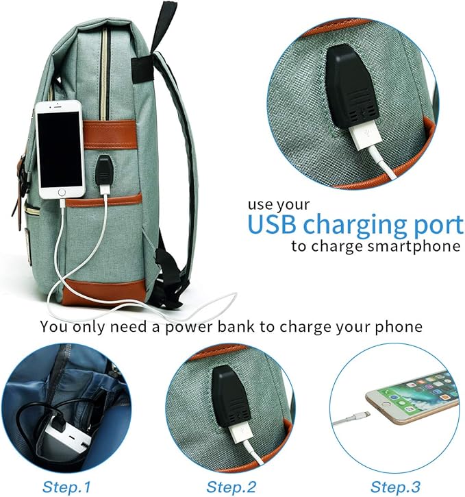 Mancio Vintage Laptop Backpack with USB Charging Port, Slim Tear Resistant Business Backpack for Travelling, College, Casual Daypacks for Men,Women, Fits up to 15.6Inch Notebook, Green