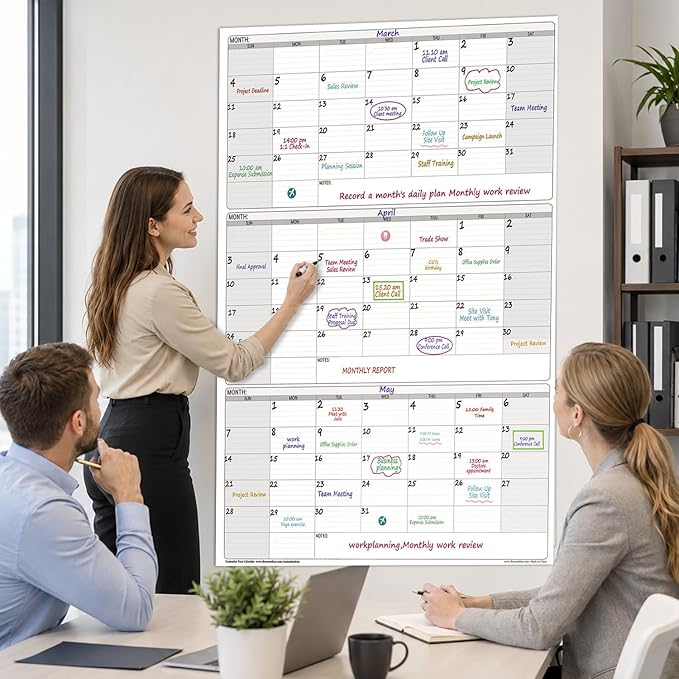 Extra Large Magnetic Dry Erase 3 Month Calendar for Wall, 46" x 63" Jumbo 90 Day Quarterly Whiteboard Calendar, Dual-Sided Magnetic Undated Planner with Big Blocks for Office & Family