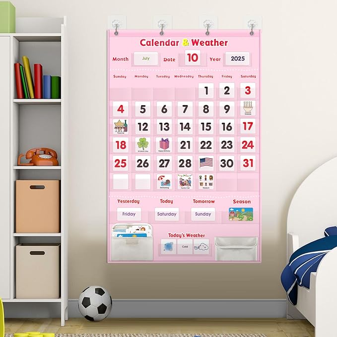 Interactive Calendar for Kids - Learning Calendar Wall Chart with Daily Weather, Seasons for Toddlers Preschool - Homeschool Classroom Must Haves Supplies for Circle Time Morning Board (Pink)