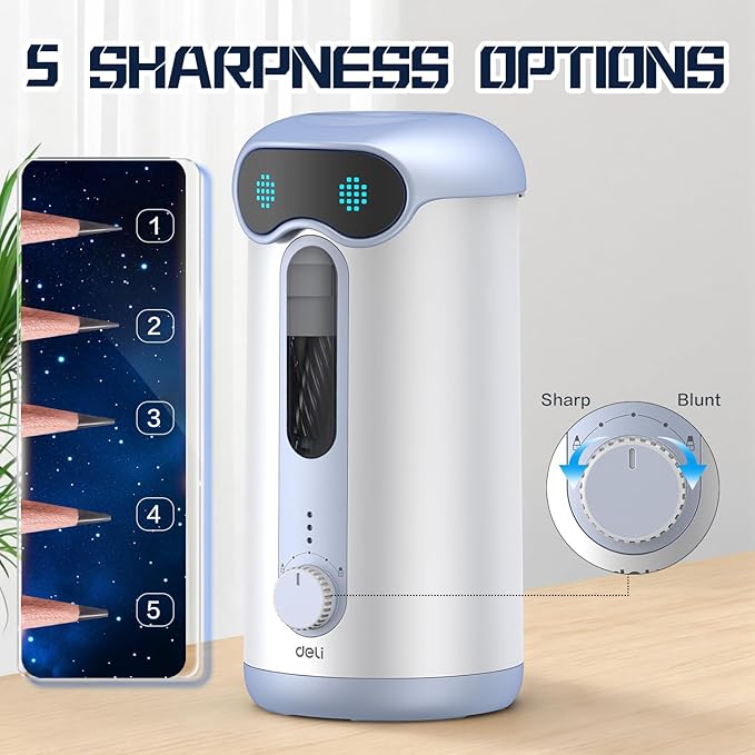 deli Electric Pencil Sharpener, Fully Automatic Pencil Sharpener for 7-11mm Colored/Jumbo Pencils, Auto in & Out, Rechargeable Hands-Free Pencil Sharpener for Classroom Home Office, Low Noise, Blue