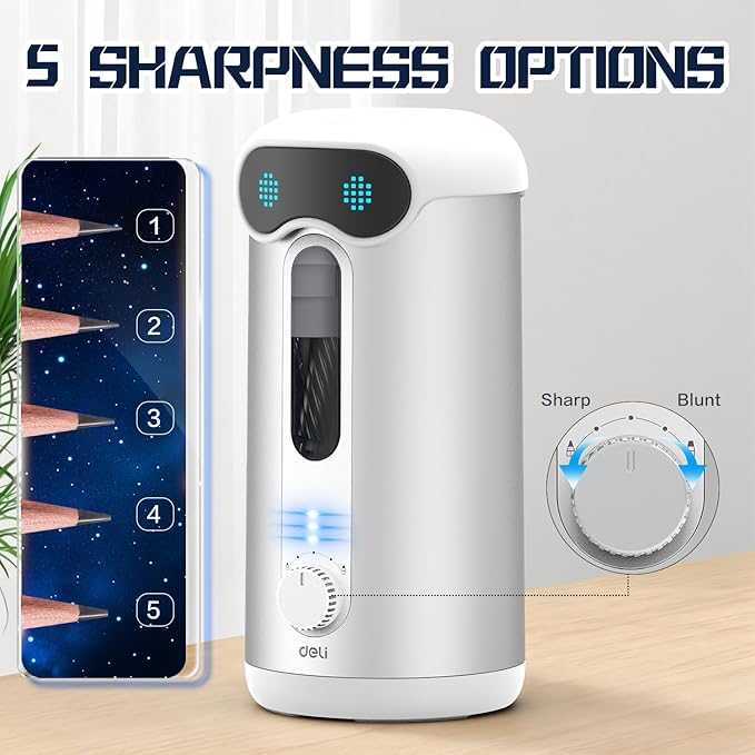deli Electric Pencil Sharpener, Fully Automatic Pencil Sharpener for 7-11mm Colored/Jumbo Pencils, Auto in & Out, Rechargeable Hands-Free Pencil Sharpener for Classroom Home Office, Low Noise, Silver