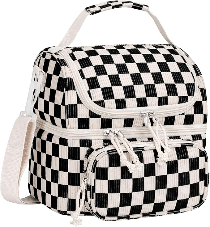 HowFly Lunch Bag for Women Insulated Lunch Boxes Corduroy Resuable Lunch Box for Girls Teens Kigs Boys Portable Thermal Cooler Bags for School Work Black White Checkered