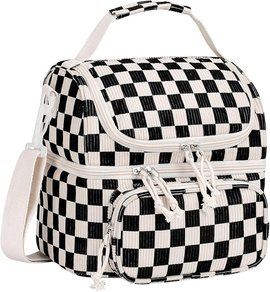 HowFly Lunch Bag for Women Insulated Lunch Boxes Corduroy Resuable Lunch Box for Girls Teens Kigs Boys Portable Thermal Cooler Bags for School Work Black White Checkered
