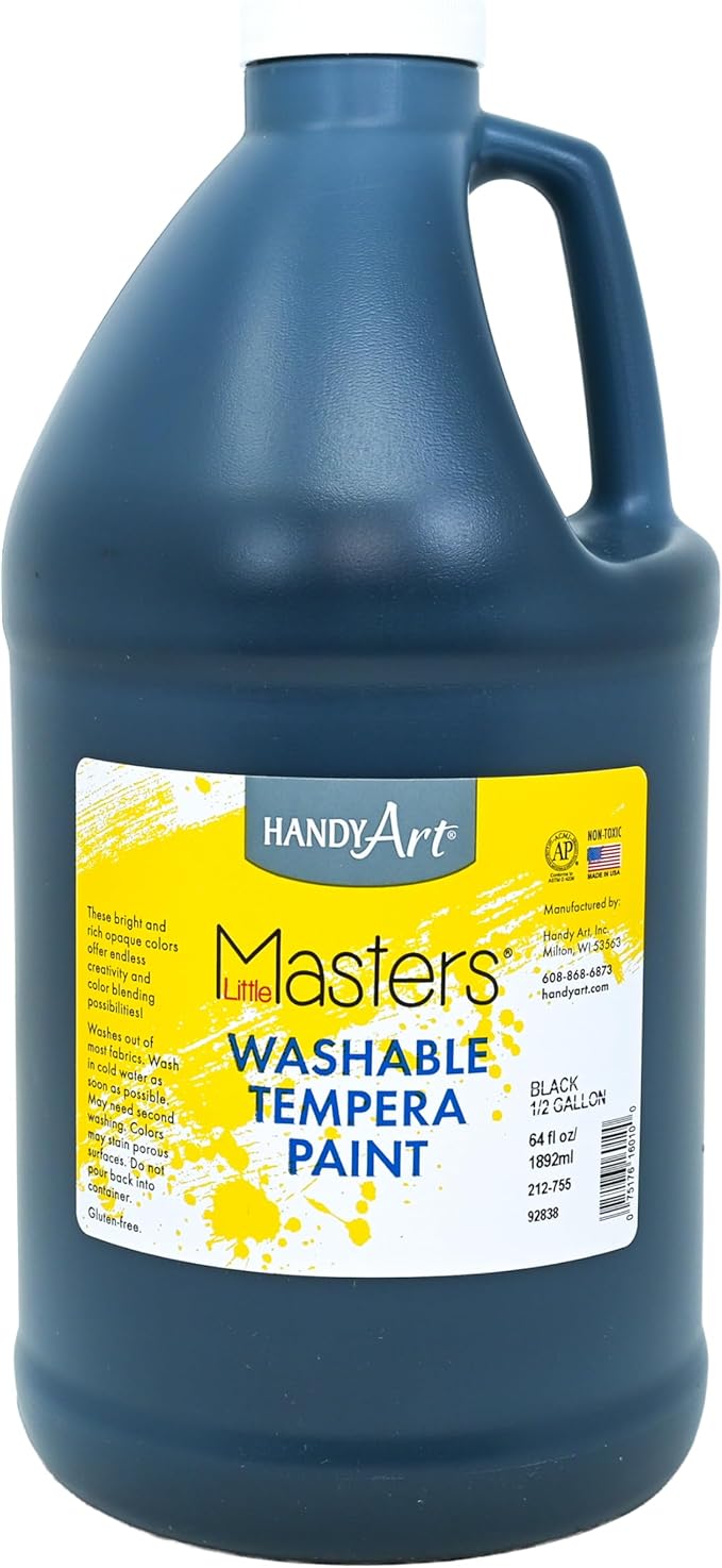 Handy Art Little Masters Washable Tempera Paint, Black, Half Gallon 64 oz Bottle, Bright & Mixable, High Opacity, Washable Colors for Classroom, Students, Kids, Safe & Non-Toxic, Made in USA
