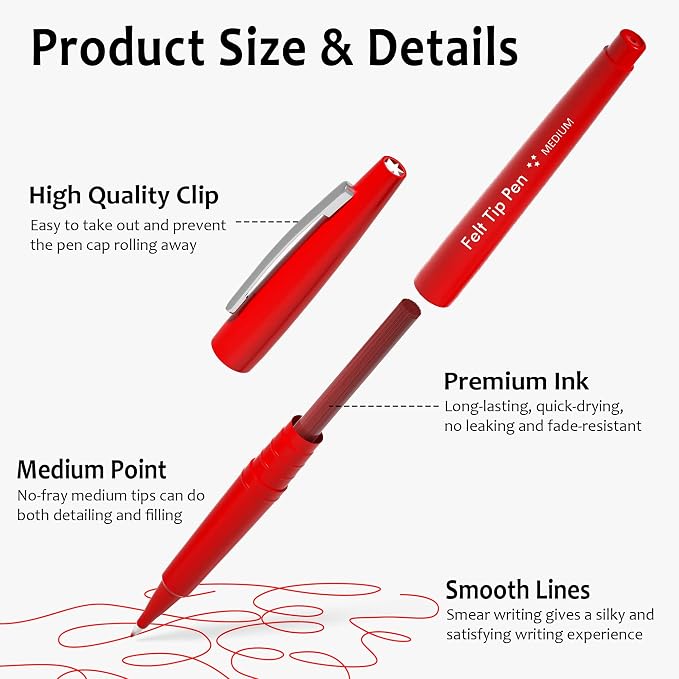 Lelix Felt Tip Pens, 15 Red Pack, 0.7mm Medium Point, Felt Tip Markers Pens for Journaling, Writing, Note Taking, Planner, Perfect for School Office and Art Supplies