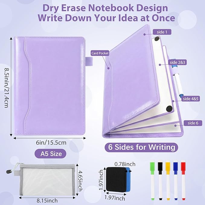 Feifeiya 6 Sides Dry Erase Notebook Portable White Board 9"x6"(a5) Travel Dry Erase White Board Notebook Foldable Anti-ghosting Surface for Office, School, Study, Travel & Business Meeting Planning