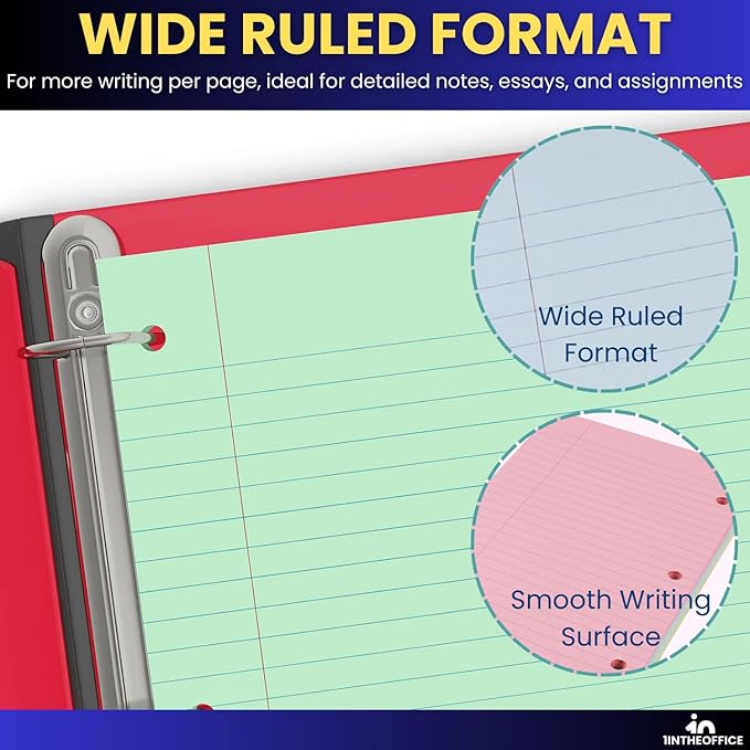 1InTheOffice Colored Notebook Paper, 8.5x11 Wide Ruled Lined Loose Leaf Paper, Pastel Colored, 100 Sheets