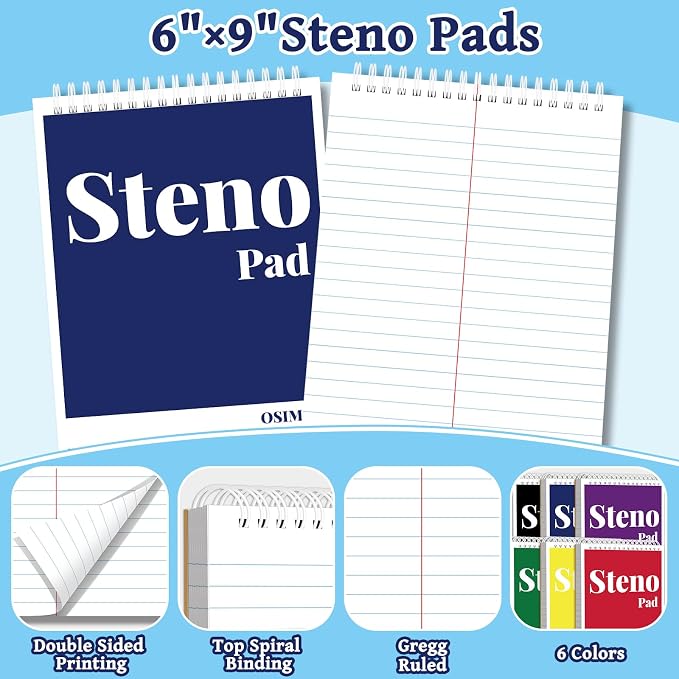 OSIMIG 24 Pack Spiral Steno Pads 6" x 9", Gregg Ruled Steno Pad, 80 Sheets